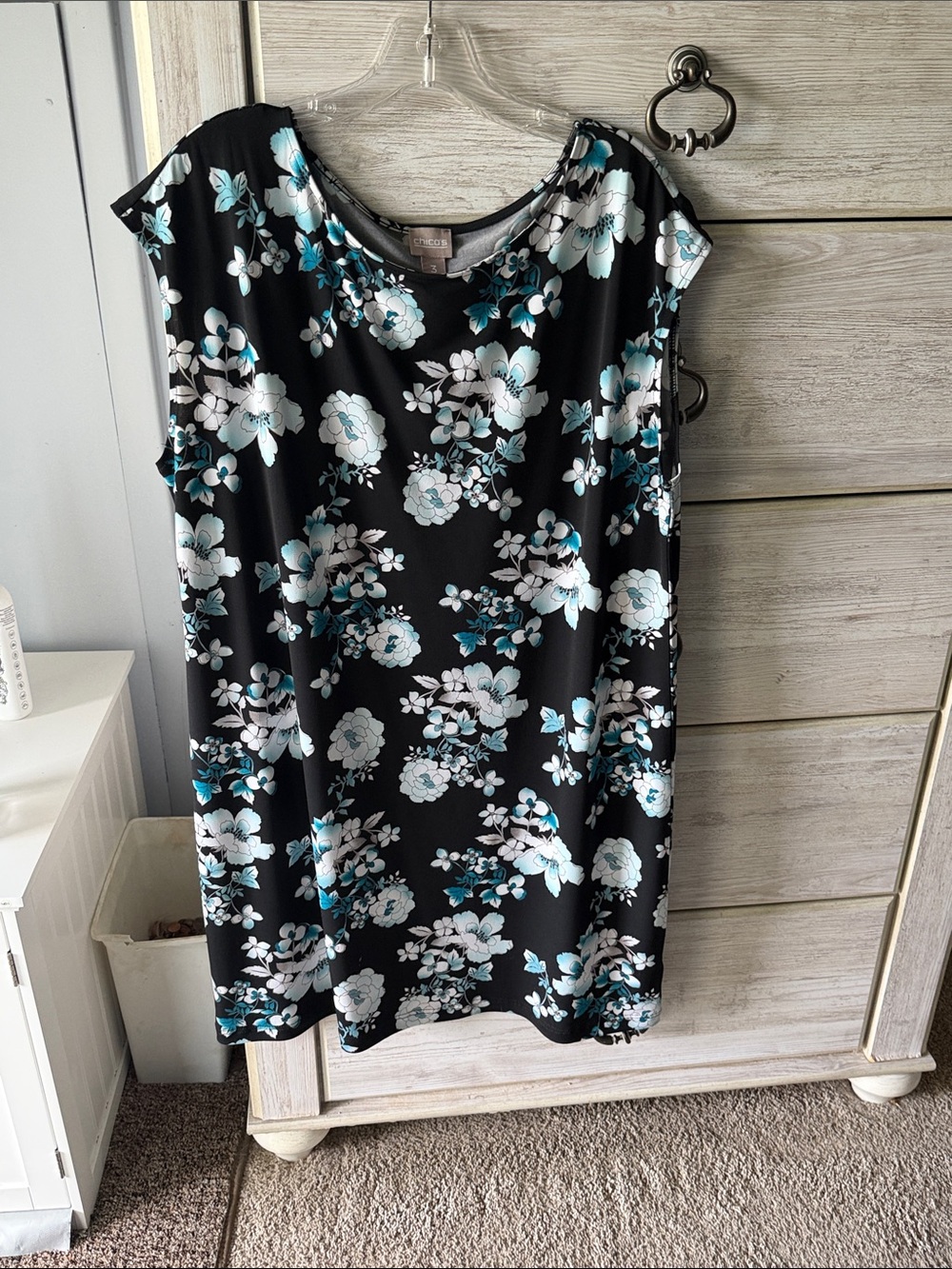 Chico's Black Floral Midi Dress with Teal and White Blooms